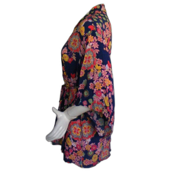JOSIE Natori Kimono Robe, M, Blue, Multicolor floral, Short, Sash belt, Rayon - Picture 7 of 13